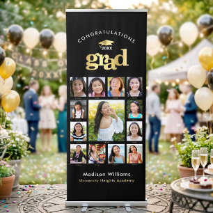 Black Gold Graduation K–12 Photo Collage Cap Bold Retractable Banner