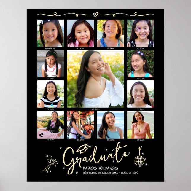 Black Gold Graduation K–12 Photo Collage Doodles Poster (Front)