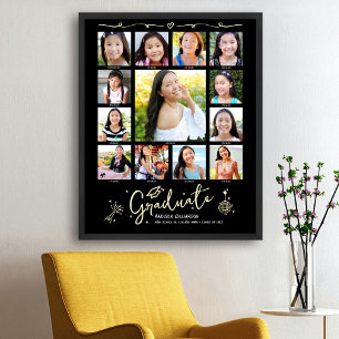 Black Gold Graduation K–12 Photo Collage Doodles Poster
