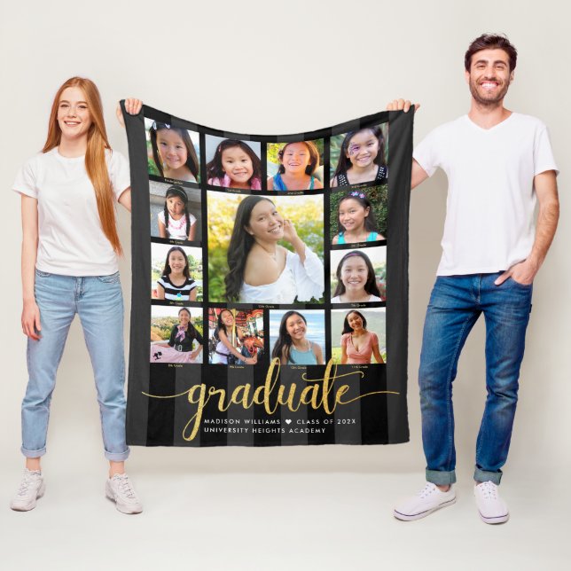 Black Gold Graduation K–12 Photo Collage Script Fleece Blanket (In Situ)