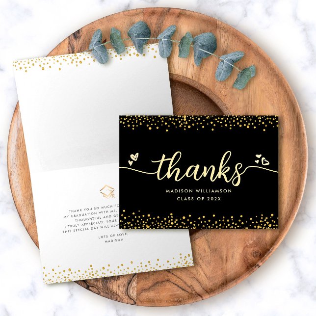 Black Gold Graduation Modern Elegant Script Hearts Thank You Card (Creator Uploaded)