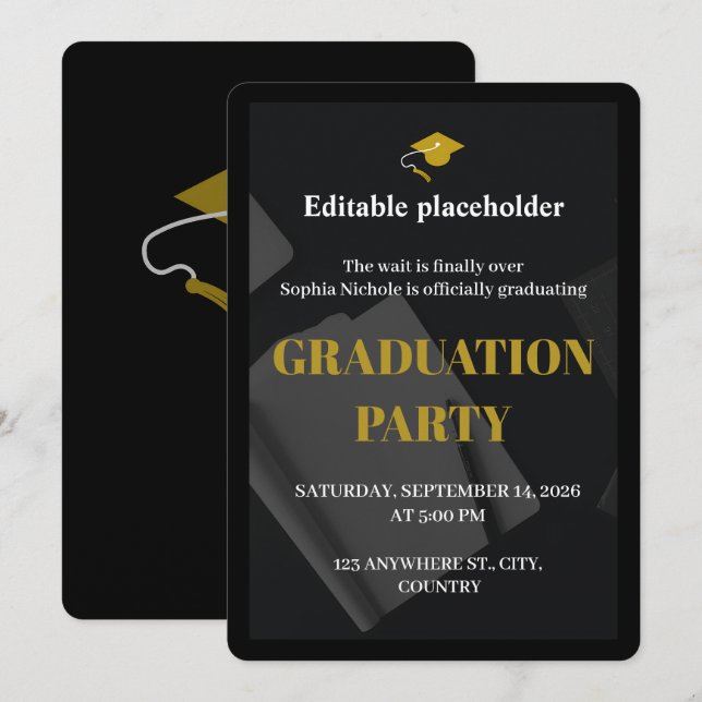 Black Gold Graduation Party Editable Invitation (Front/Back)