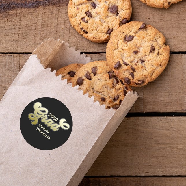 Black Gold Graduation Party Favor Custom Classic Round Sticker (Graduate "Grad" typography gift label sticker. )