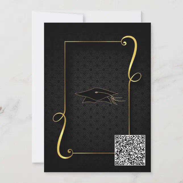 Black Gold Graduation Party Invitation add QR Code Zazzle