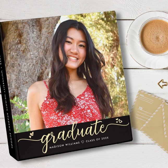Black Gold Graduation Photo Album Script Hearts 3 Ring Binder (Creator Uploaded)
