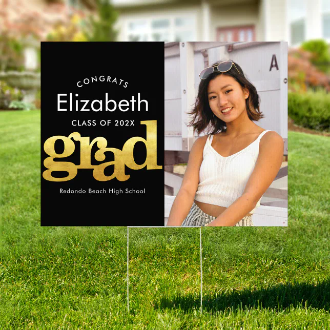 Black gold graduation photo bold modern yard sign | Zazzle