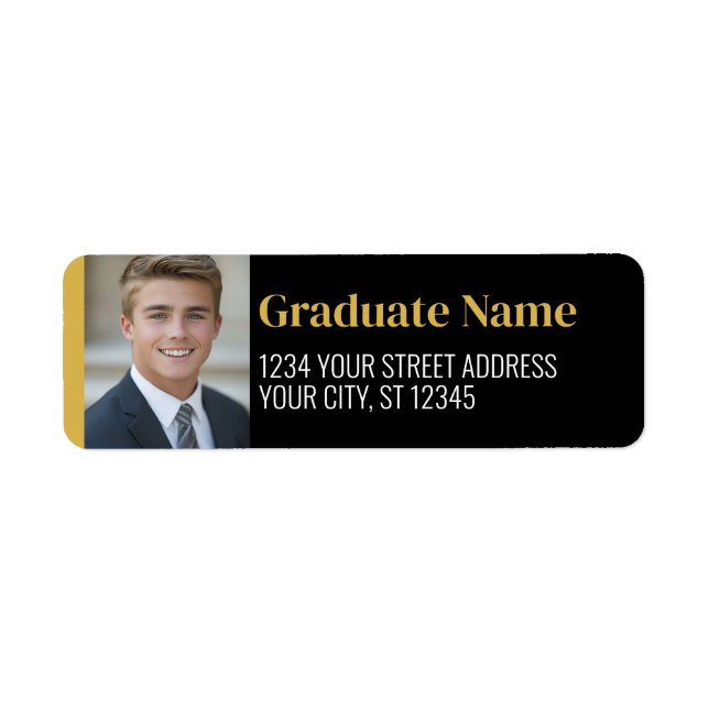 Black Gold Graduation Photo Return Address Label (Front)