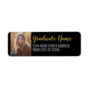 Black Gold Graduation Photo Return Address Label