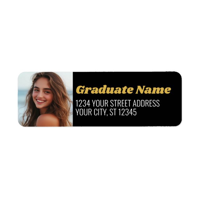 Black Gold Graduation Photo Return Address Label (Front)
