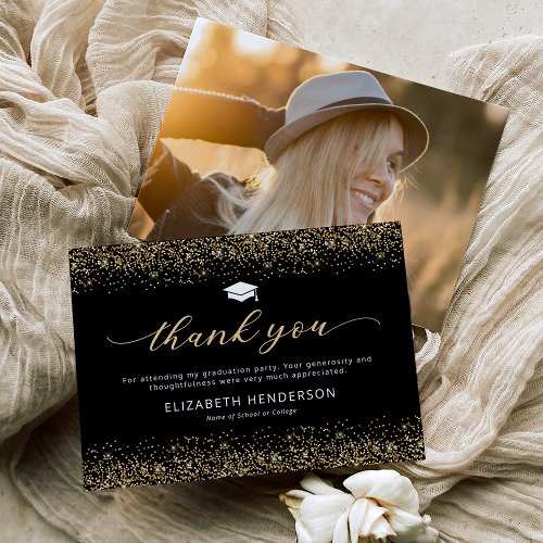 Black Gold Graduation Photo Thank You Card