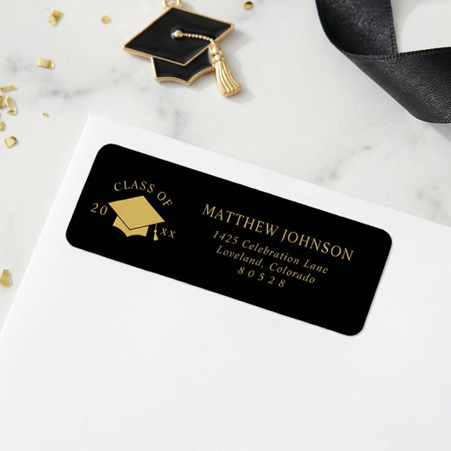 Black Gold Graduation Return Address Label (Creator Uploaded)