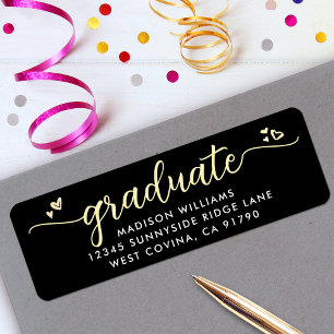 Black Gold Graduation Script Hearts Modern Address Label