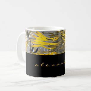 Black Gold & Gray Abstract Floral Name Script Coffee Mug