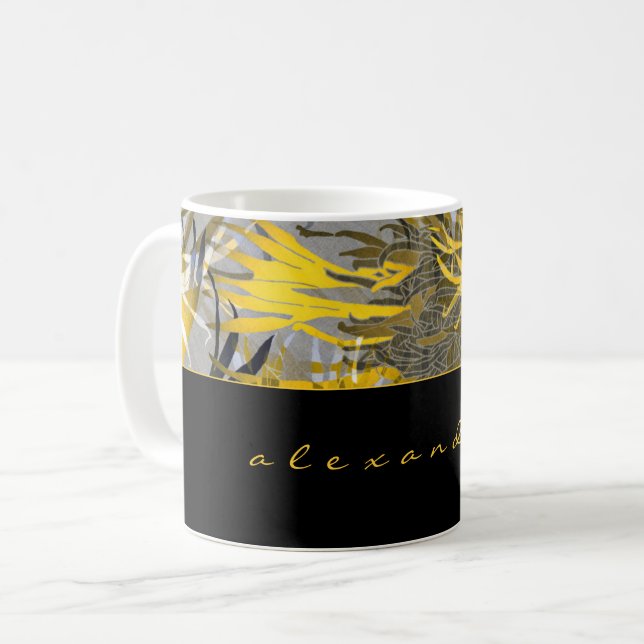 Black Gold & Gray Abstract Floral | Name | Script Coffee Mug (Front Left)