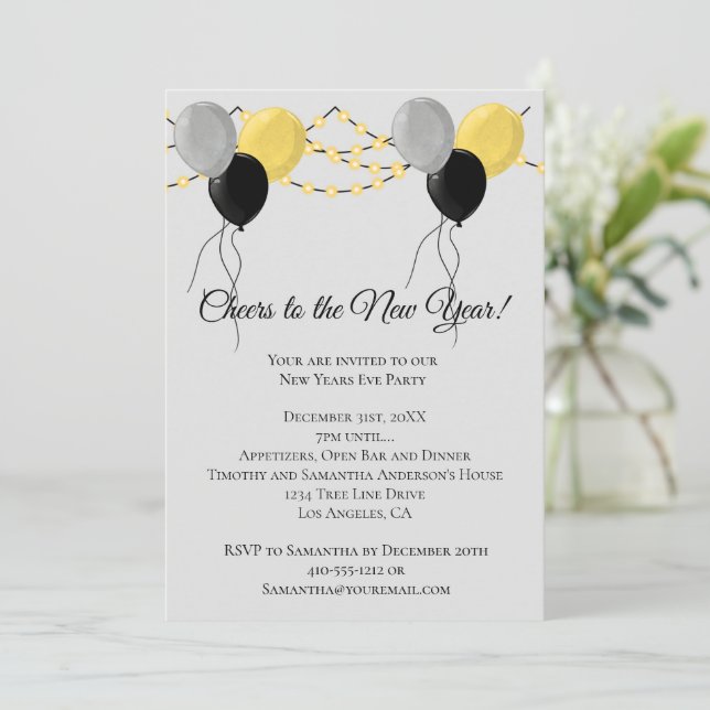 Black Gold Gray Balloon Lights New Years Eve Party Holiday Card (Standing Front)