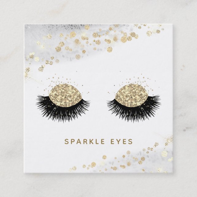 *~* Black Gold Gray Eyes Lashes Glam Luxe Square Business Card (Front)
