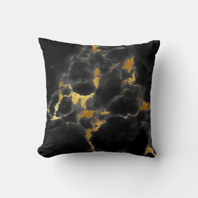 Black Gold Gray Marble Stone Glam Throw Pillow (Front)