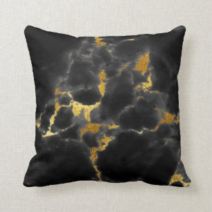 Black Gold Gray Marble Stone Glam Throw Pillow