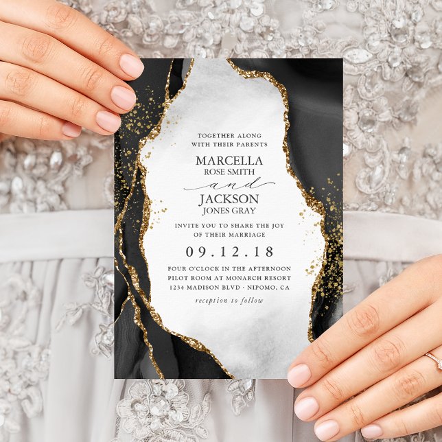 Black, Gold & Gray Mist Agate Wedding Invitation (Creator Uploaded)
