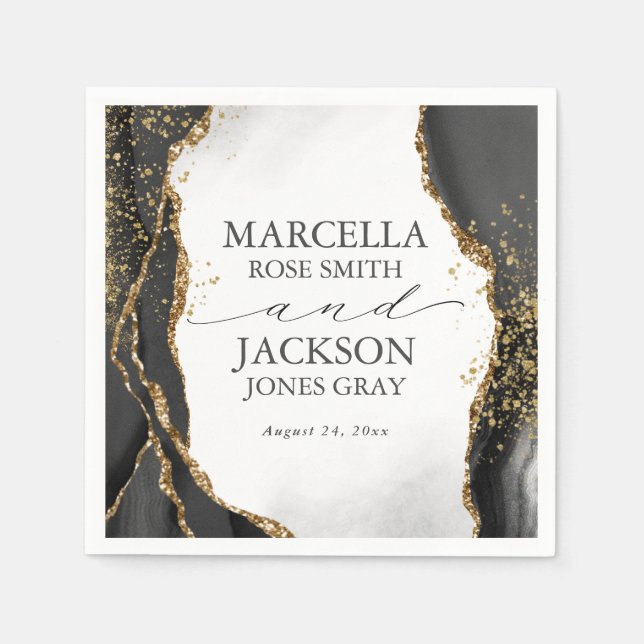 Black, Gold & Gray Mist Agate Wedding Invitation Napkins (Front)