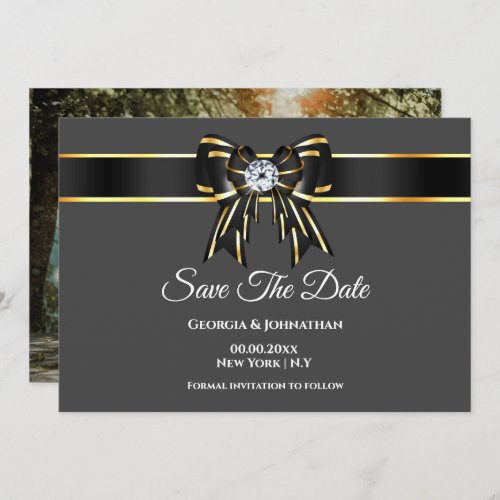 Black gold gray satin bow diamond with photo save the date