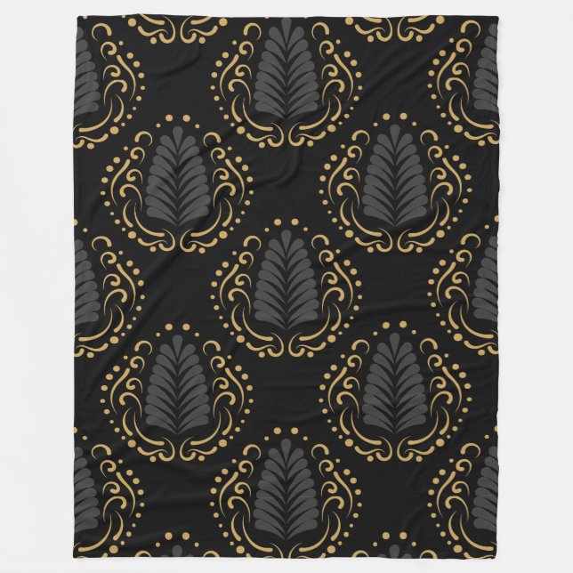 Black Gold & Gray Stylized Damasks Pattern Fleece Blanket (Front)