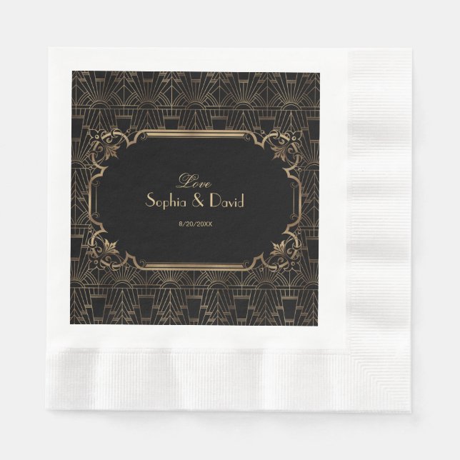 Black Gold Great Gatsby Art Deco 1920s Wedding Paper Napkins (Front)
