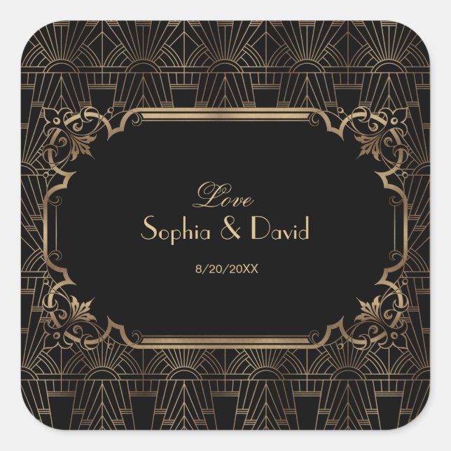Black Gold Great Gatsby Art Deco 1920s Wedding Square Sticker (Front)