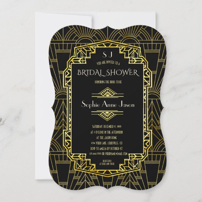 Black & Gold Great Gatsby Art Deco Bridal Shower Invitation (Front)