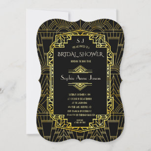 Black & Gold Great Gatsby Art Deco Bridal Shower Invitation