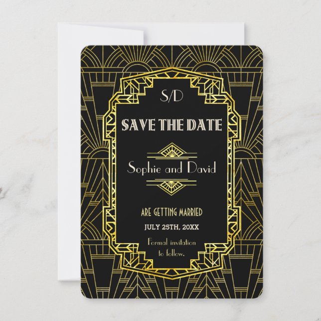Black & Gold Great Gatsby Art Deco Save The Date Invitation (Front)