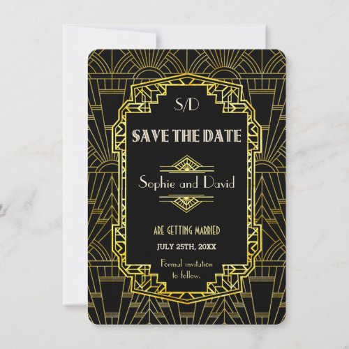 Black  Gold Great Gatsby Art Deco Save The Date Invitation