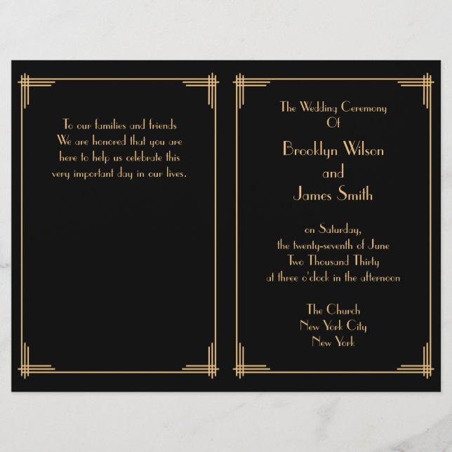 Black Gold Great Gatsby Art Deco Wedding Programs (Front)