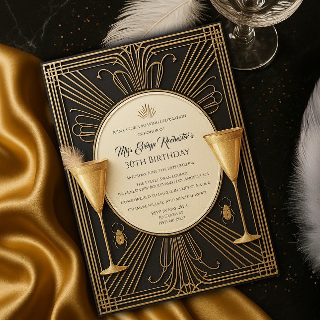 Black Gold Great Gatsby Milestone Birthday  Invitation (Black Gold Great Gatsby Milestone Birthday Invitation
)