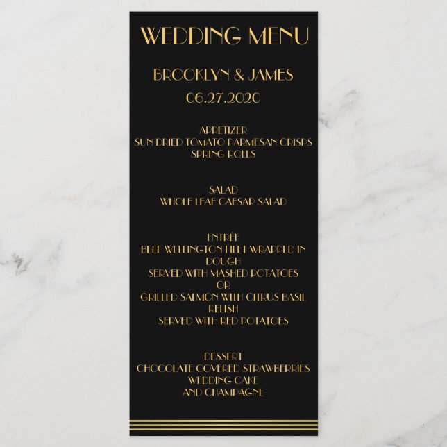 Black Gold Great Gatsby Wedding Menu Cards (Front)