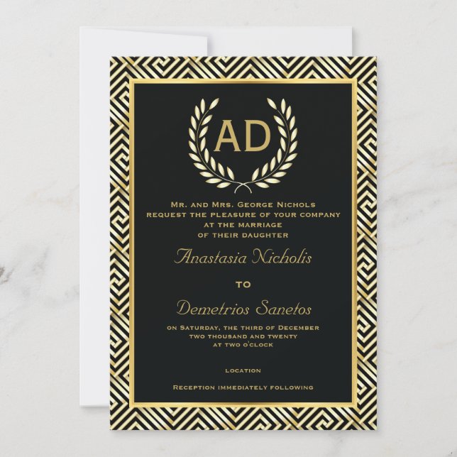 Black, gold Greek key and laurel wreath wedding Invitation (Front)