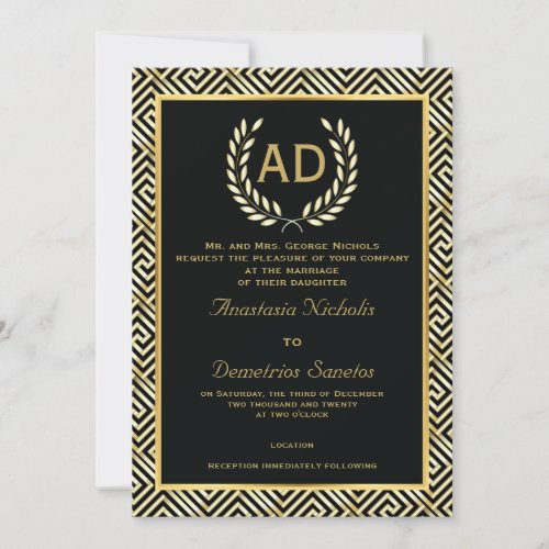 Black gold Greek key and laurel wreath wedding Invitation