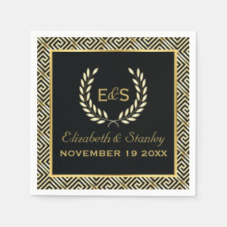 Black, gold Greek key and laurel wreath wedding Napkins
