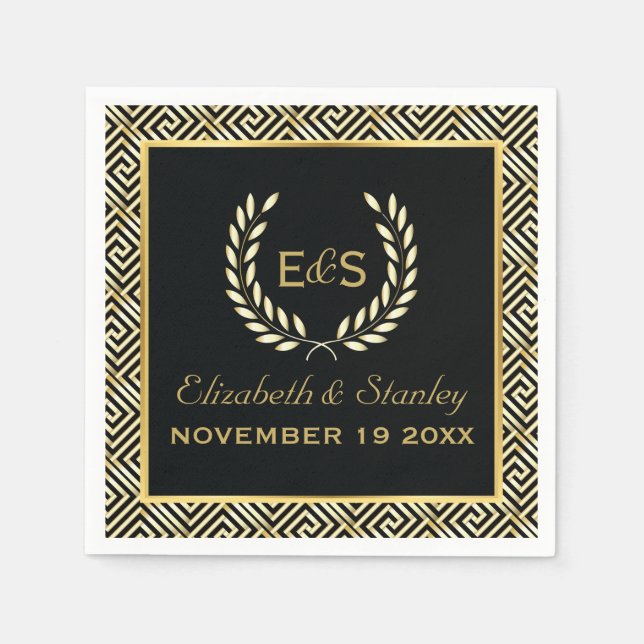 Black, gold Greek key and laurel wreath wedding Napkins (Front)