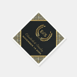 Black, gold Greek key and laurel wreath wedding Paper Napkins