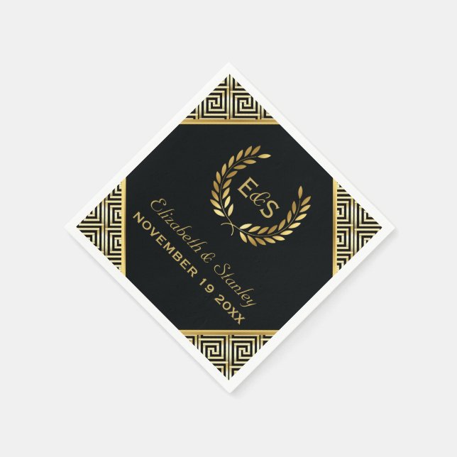 Black, gold Greek key and laurel wreath wedding Paper Napkins (Corner)