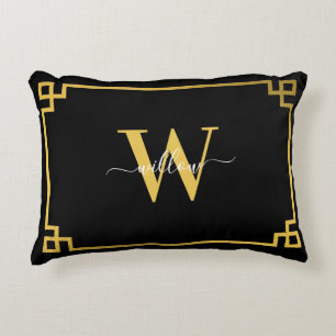 Black & Gold Greek Key Monogrammed Accent Pillow