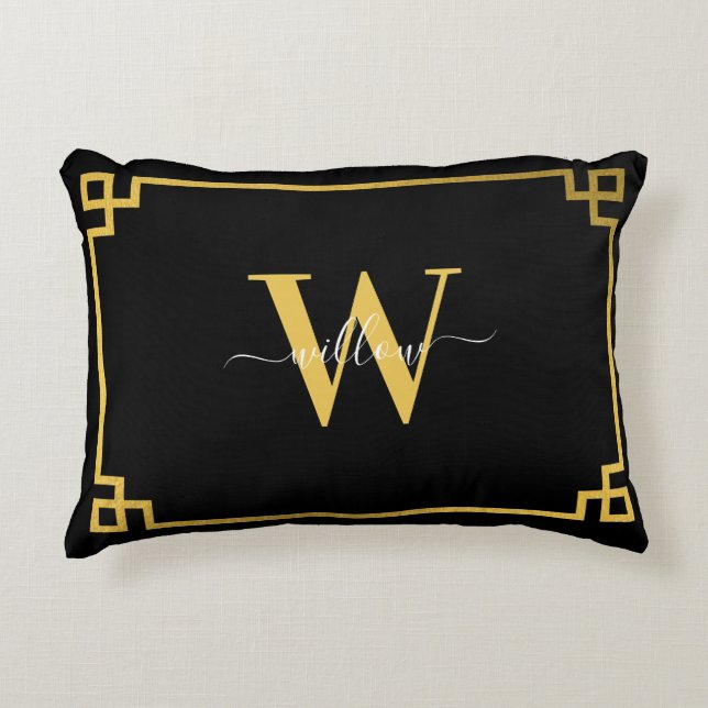 Black & Gold Greek Key Monogrammed Accent Pillow (Front)