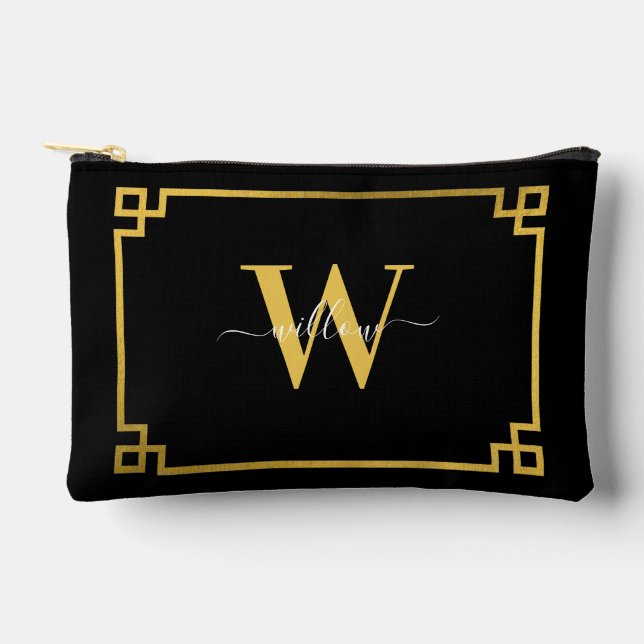 Black & Gold Greek Key Monogrammed Accessory Pouch (Front)