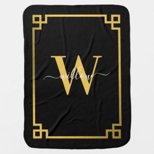 Black & Gold Greek Key Monogrammed   Baby Blanket