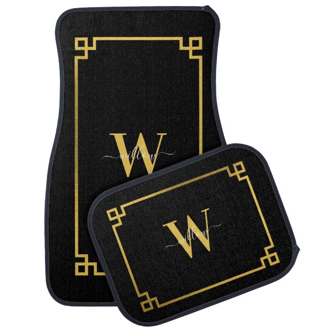 Black & Gold Greek Key Monogrammed Car Floor Mat (Set)