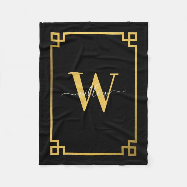 Black & Gold Greek Key Monogrammed  Fleece Blanket (Front)