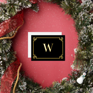 Black & Gold Greek Key Monogrammed Foil Holiday Postcard