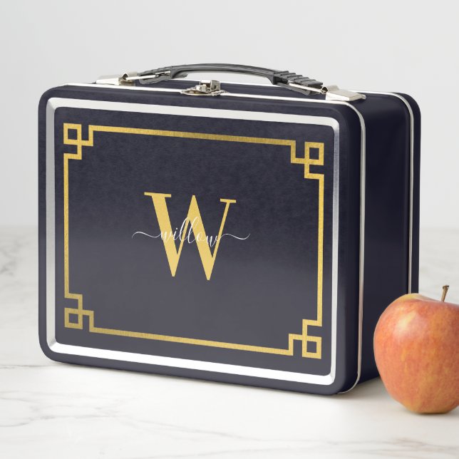 Black & Gold Greek Key Monogrammed  Metal Lunch Box (In Situ)