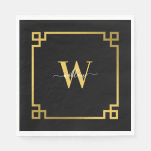 Black & Gold Greek Key Monogrammed Napkins
